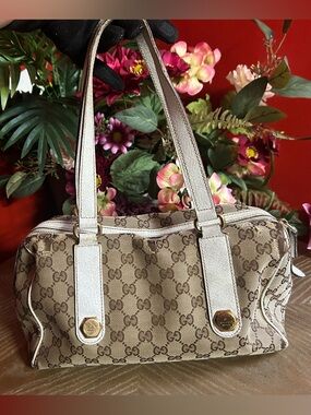 Gucci Beige Monogram Shoulder Bag with White Trim and Gold Hardware